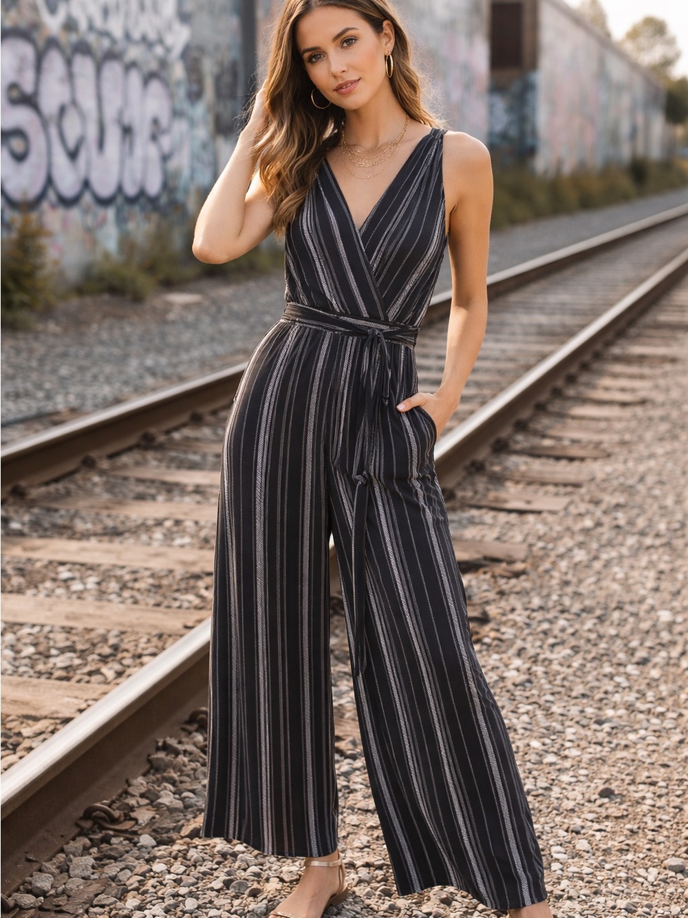 Monteau Black and White Striped V-Neck Wide-Leg Jumpsuit